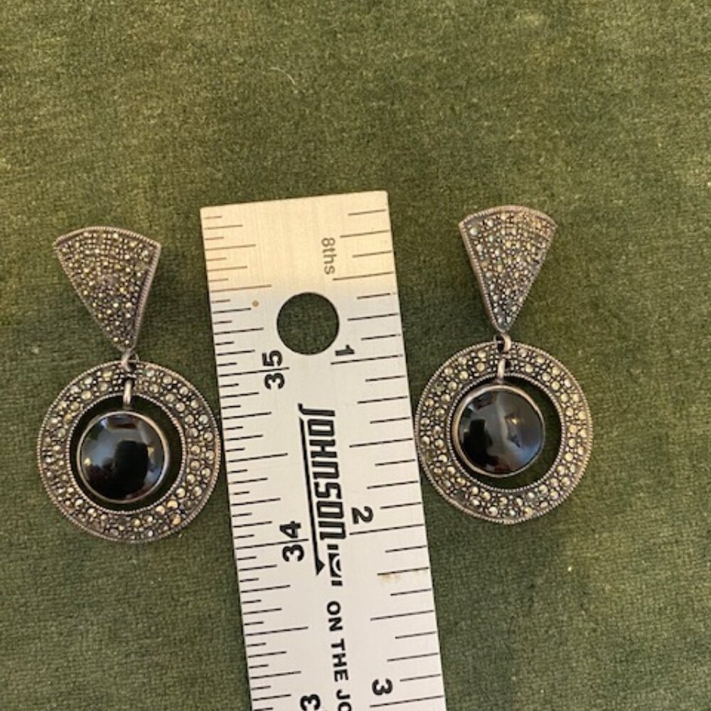 Deco style marcasite and onyx sterling silver post back earrings